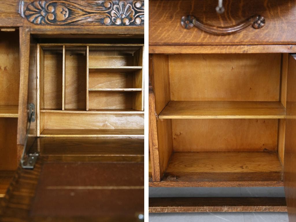 英国アンティークガラスキャビネット付きビューロー/机デスク/飾り棚(92-237