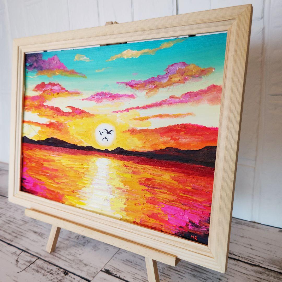 油絵 絵画 【夕日のカモメ】