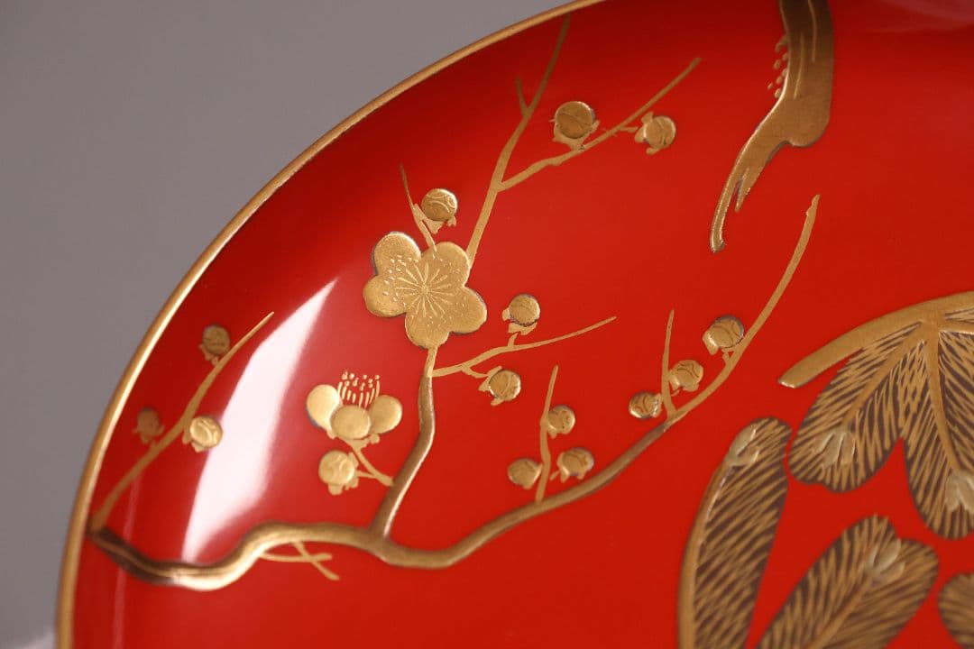【CM246】時代木製漆器 松竹梅 金蒔絵 朱塗 引盃 五客 木製漆器 小皿 杯