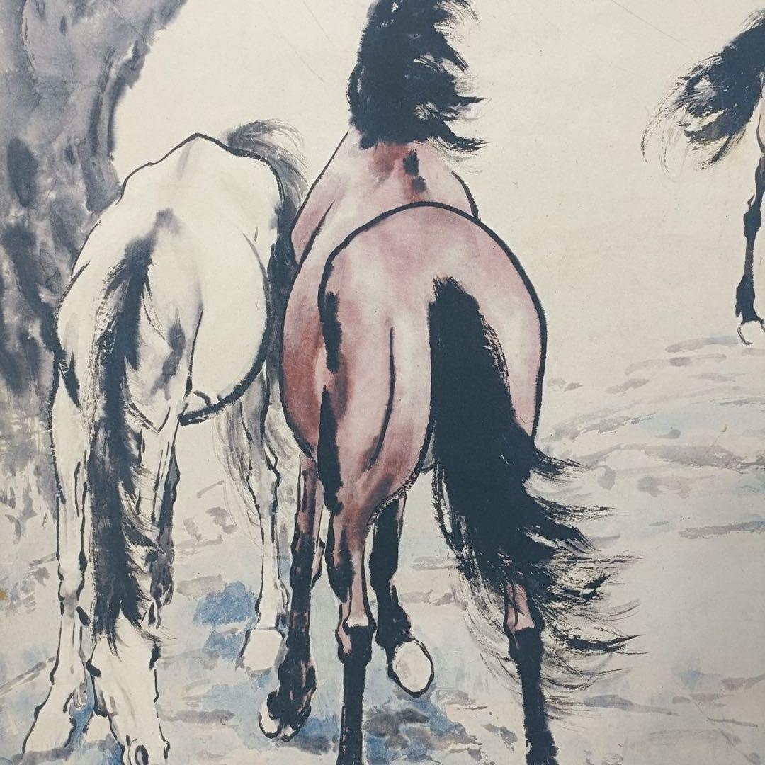 徐悲鸿《三駿図》三尺中堂掛軸　証書付・防偽標識付　70×173cm