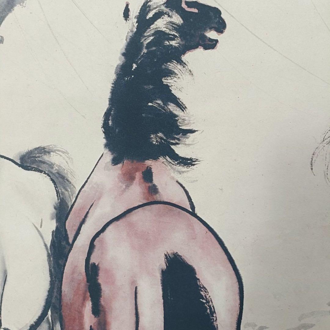 徐悲鸿《三駿図》三尺中堂掛軸　証書付・防偽標識付　70×173cm