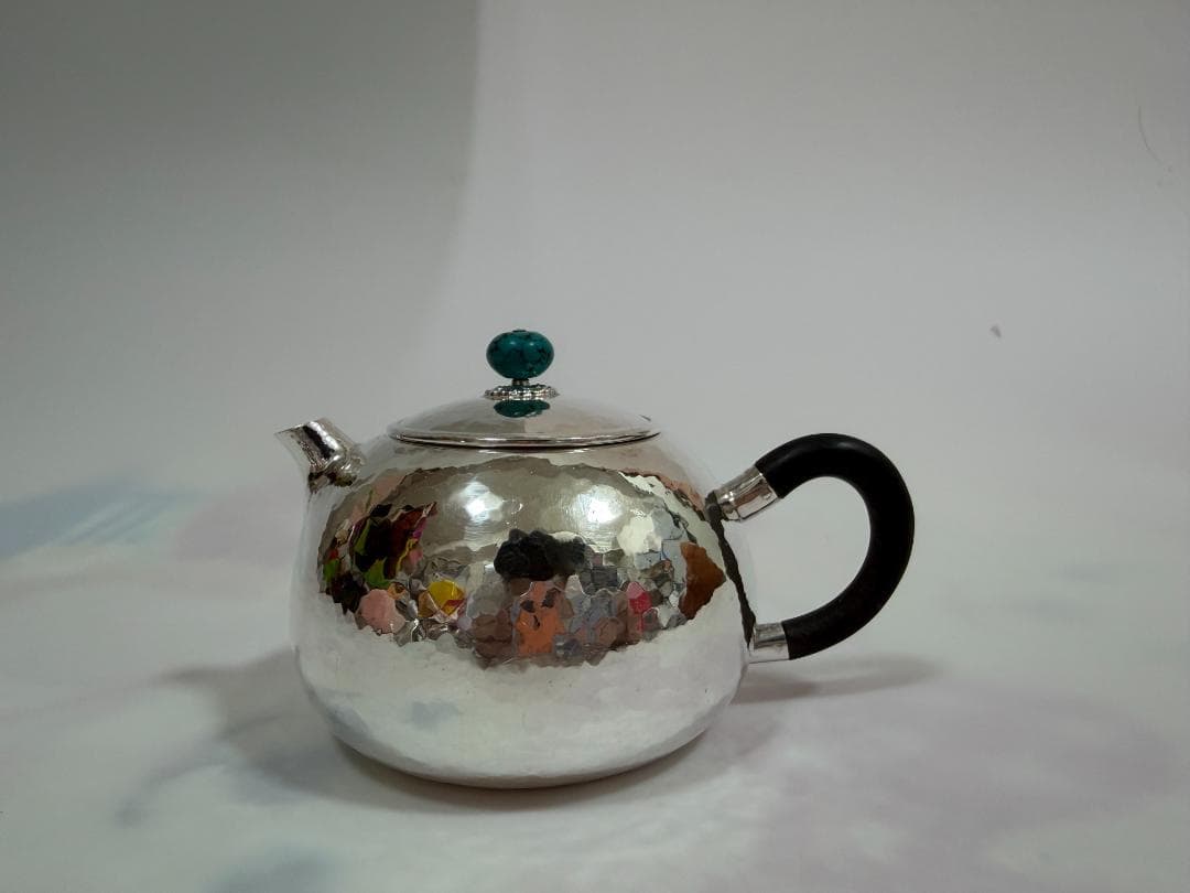 純銀製 丸形 鎚目 玉石摘 唐木手 急須 銀瓶 煎茶道具