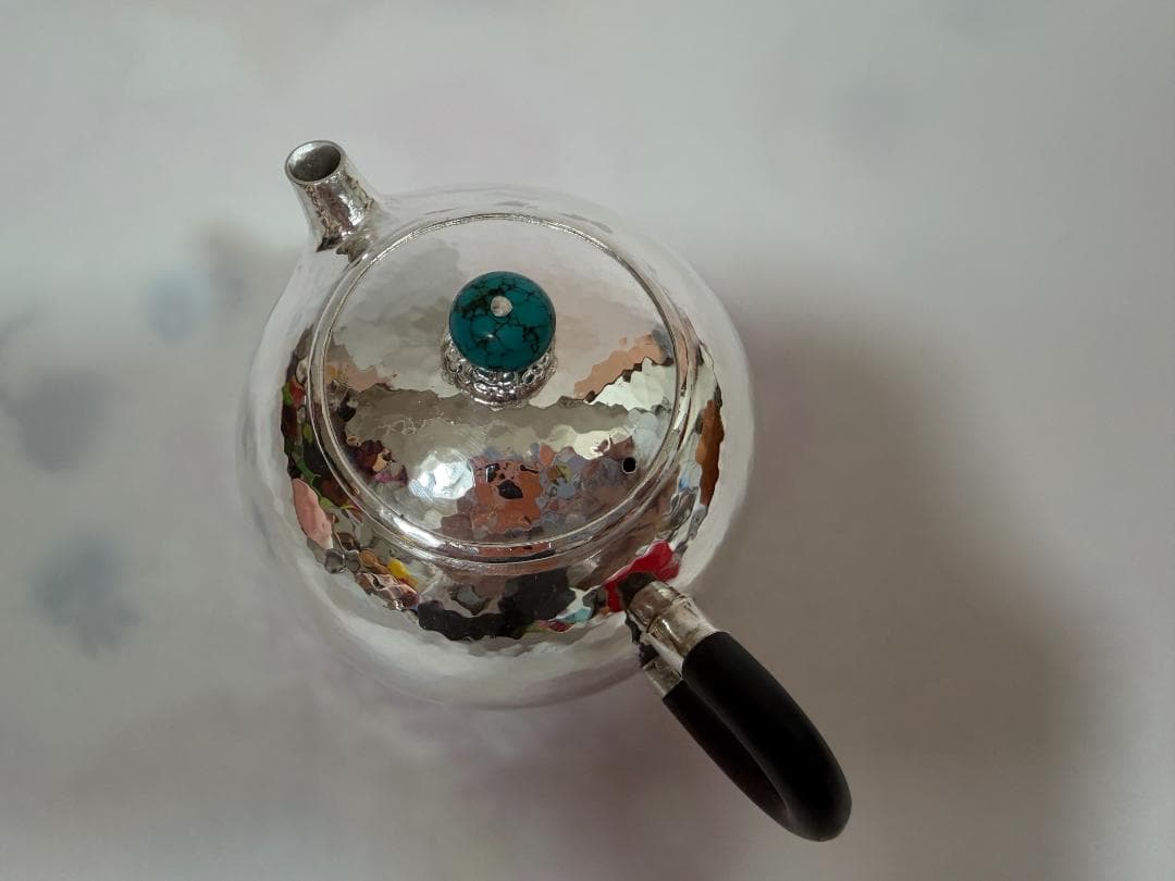 純銀製 丸形 鎚目 玉石摘 唐木手 急須 銀瓶 煎茶道具