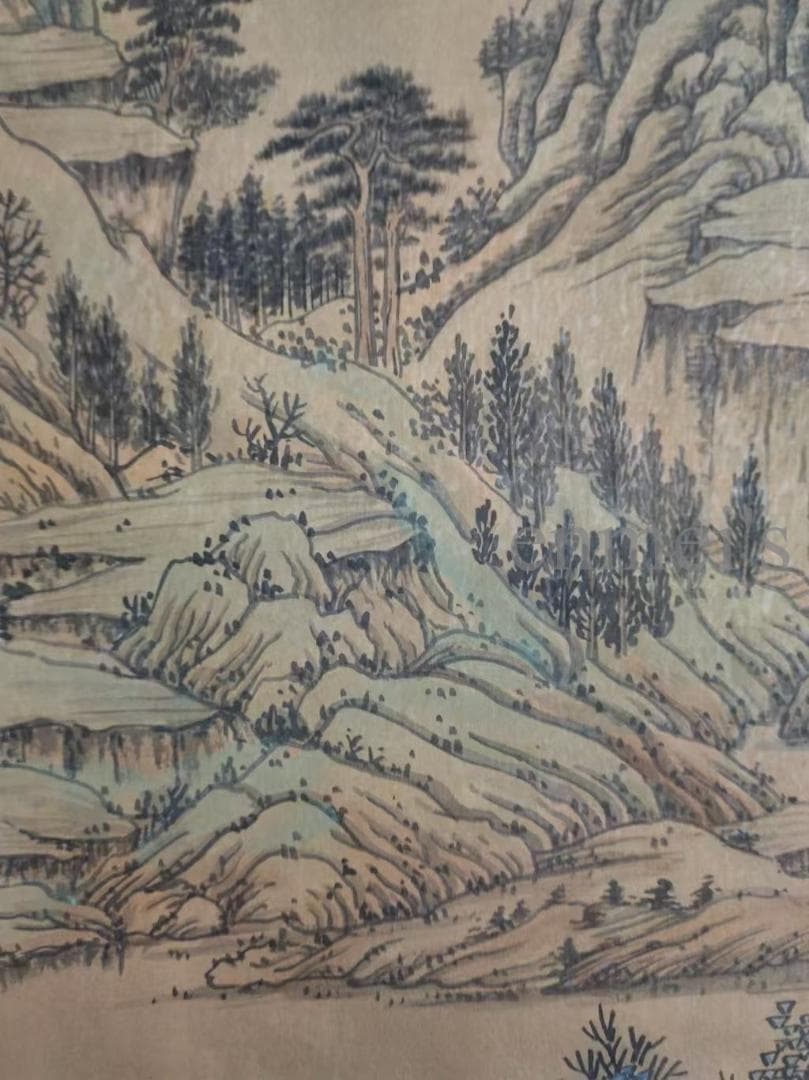 中国古美術・純手描き山水図掛軸・水墨画・文徴明印款・書道品・絹本・肉筆・一物一图