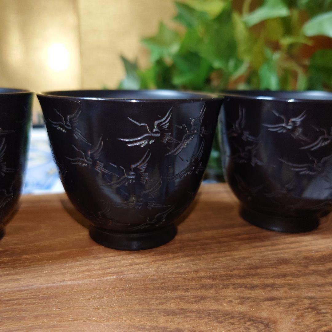 常滑焼 山田宝生作 細密彫 黒泥彫刻 千羽鶴文 煎茶碗 5客