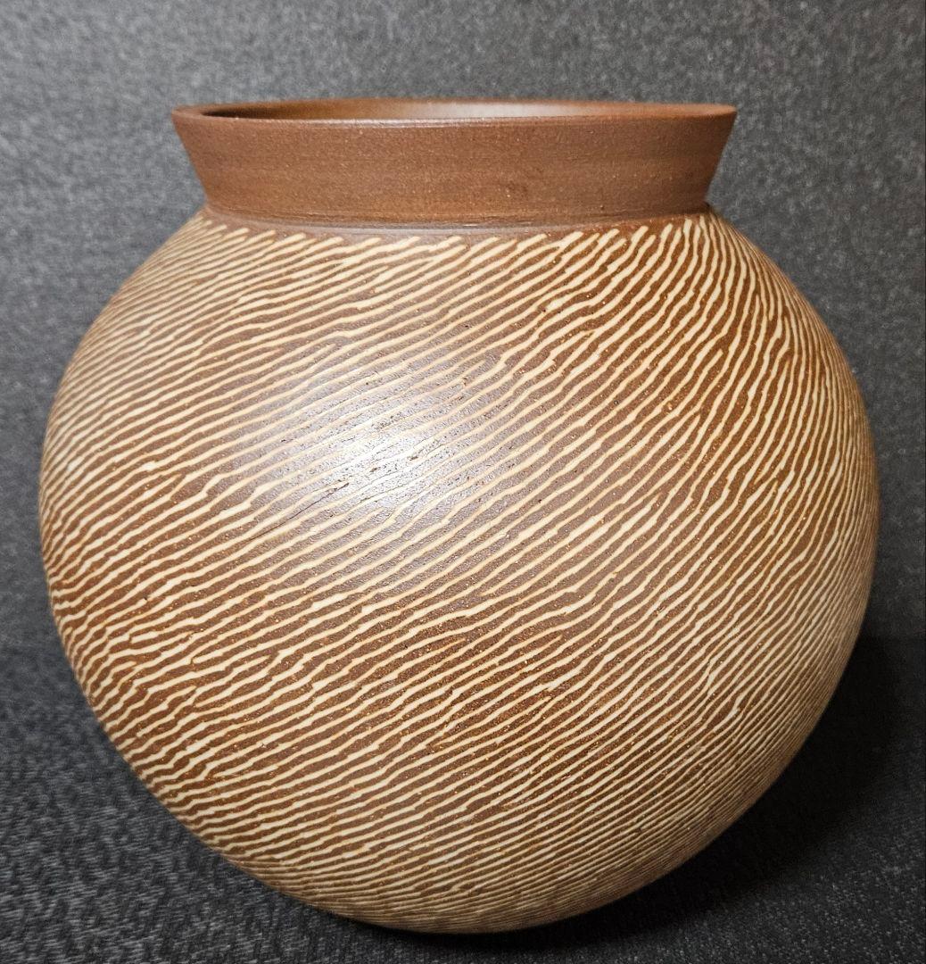 園田幸泰　作　焼〆象嵌　線文様　大壺　花入れ　花生　華道具　花器　オブジェ　共箱