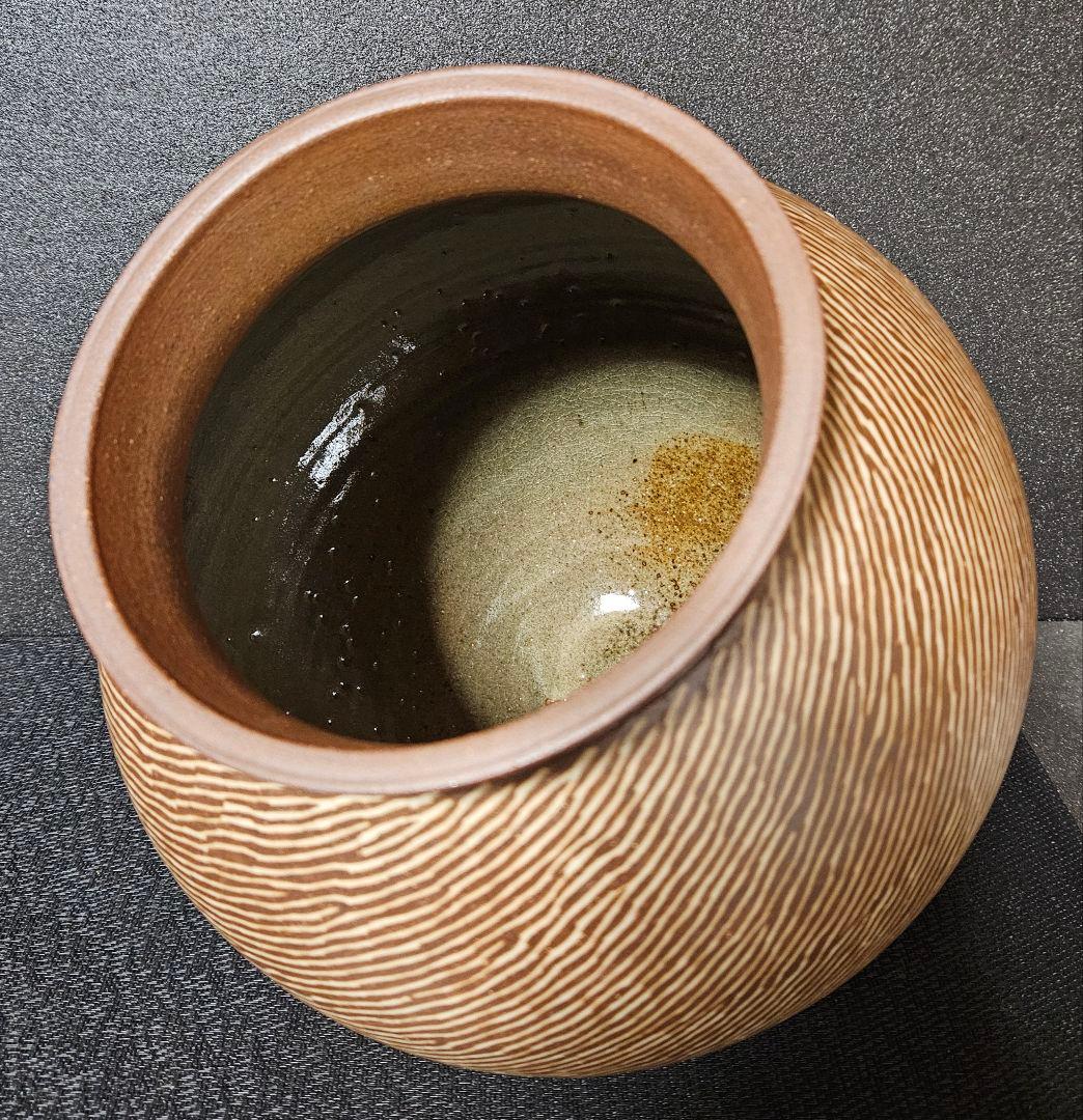 園田幸泰　作　焼〆象嵌　線文様　大壺　花入れ　花生　華道具　花器　オブジェ　共箱