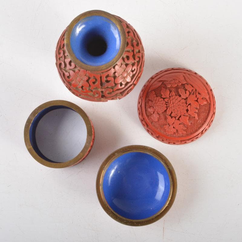 中国　剔紅　堆朱　内七宝　花文瓶　蓋物など　3点まとめて　V　6260