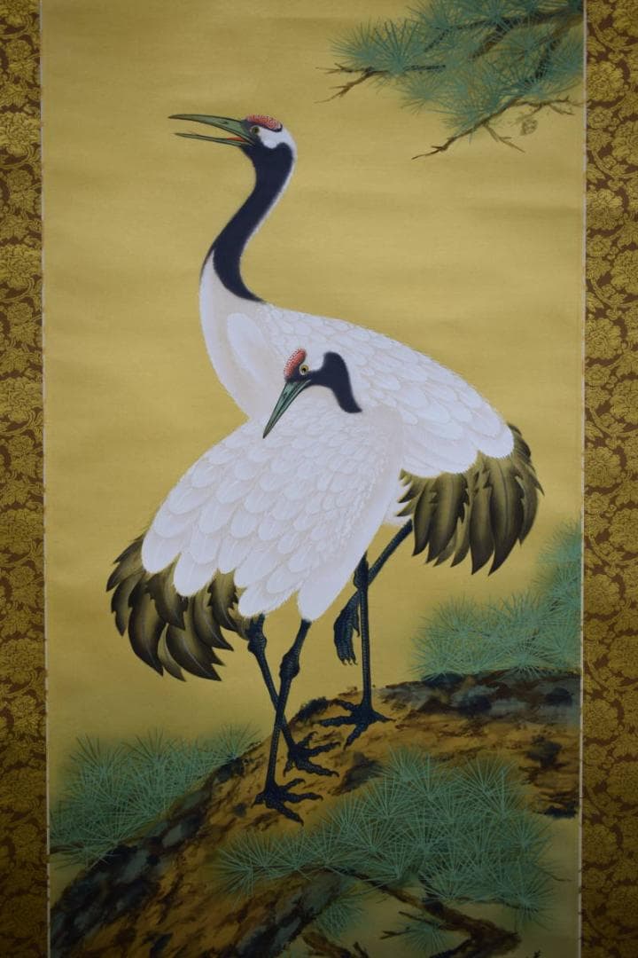 真作/國井道成/国井道成/旭日松上双鶴図/桐共箱付/布袋屋掛軸HG-388