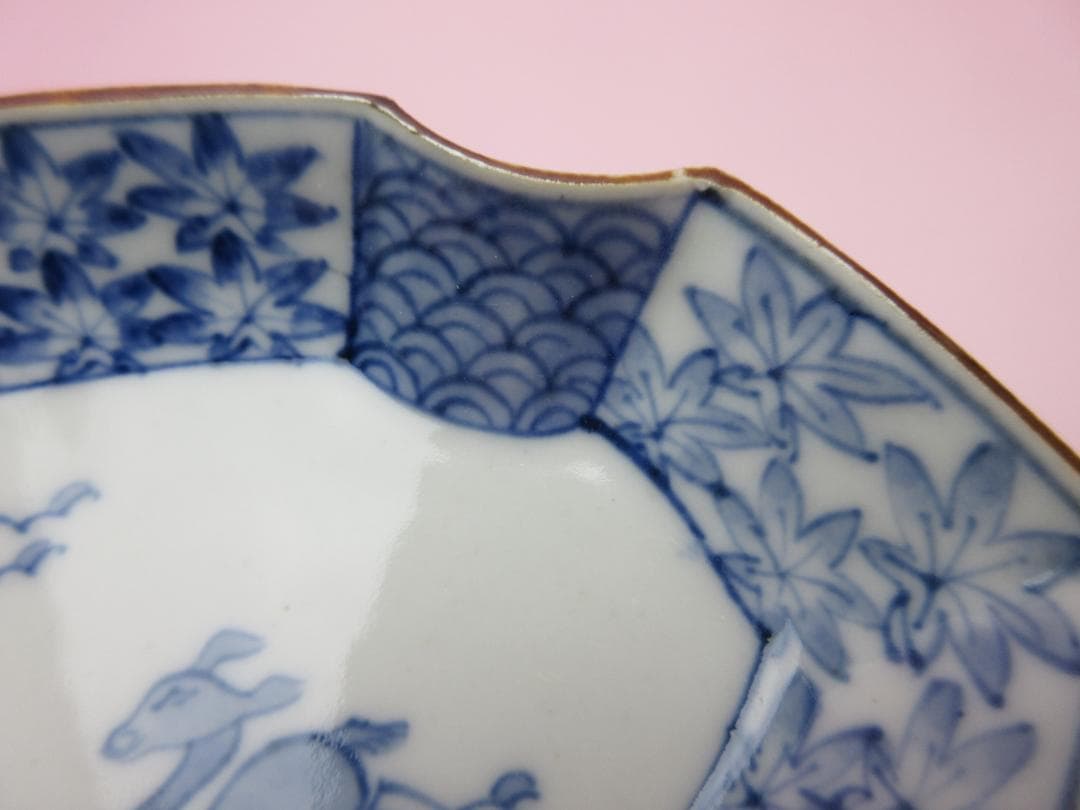 時代 染付 角福 鹿と紅葉模様 変形皿 3枚 61228