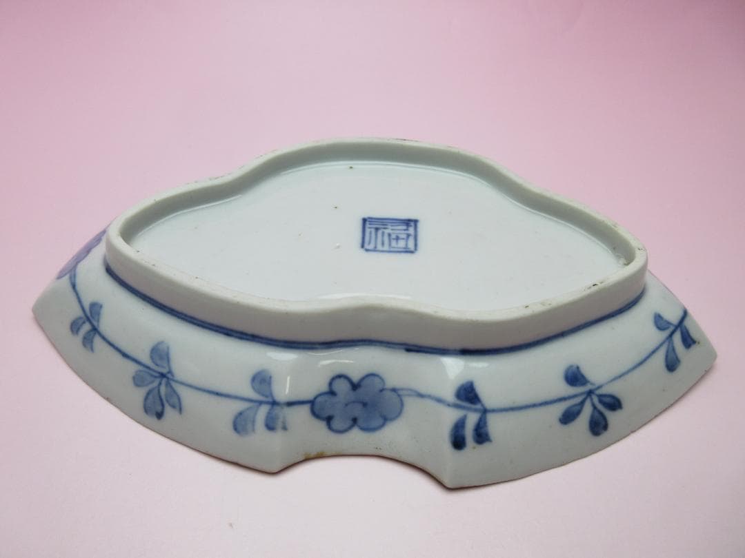 時代 染付 角福 鹿と紅葉模様 変形皿 3枚 61228