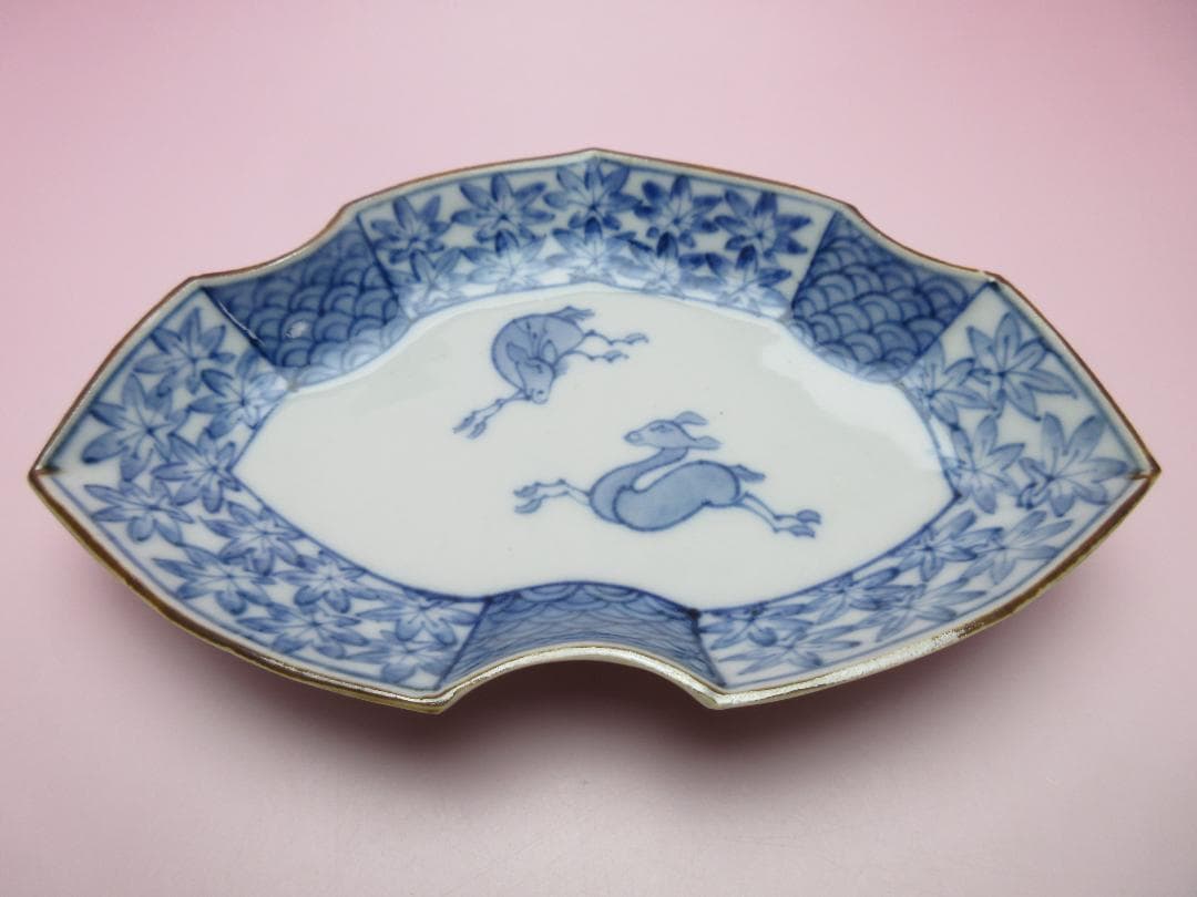 時代 染付 角福 鹿と紅葉模様 変形皿 3枚 61228