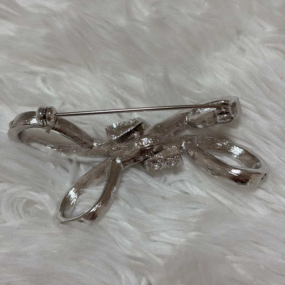 FOXEY フォクシー　リボン　ブローチ　ラインストーン　シルバー