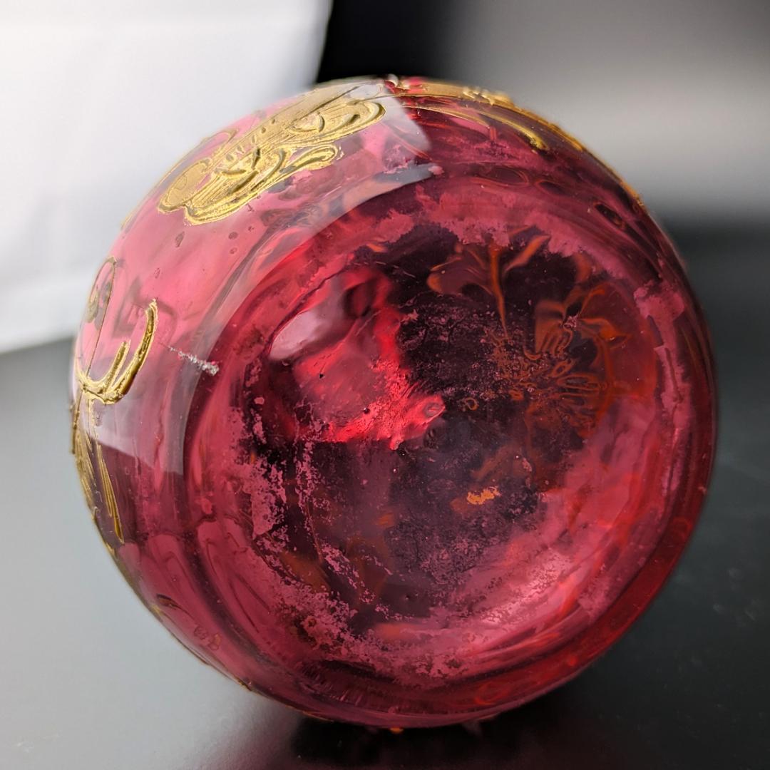 【輝く】オールドモーゼル ルビー 金彩銀彩 唐草紋様 花瓶25cm アンティーク