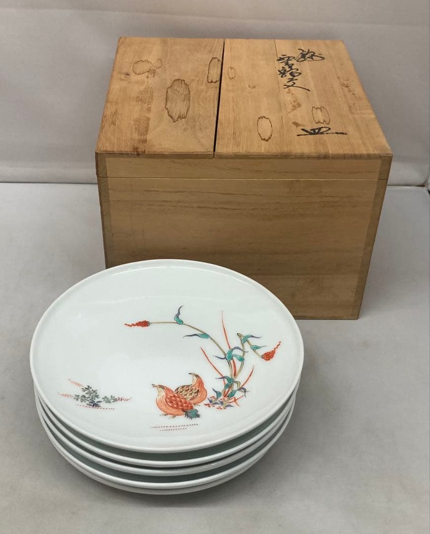 B489b「錦 粟鶉文　皿」5枚　十三代酒井田柿右衛門作　共箱　銘々皿　茶道具