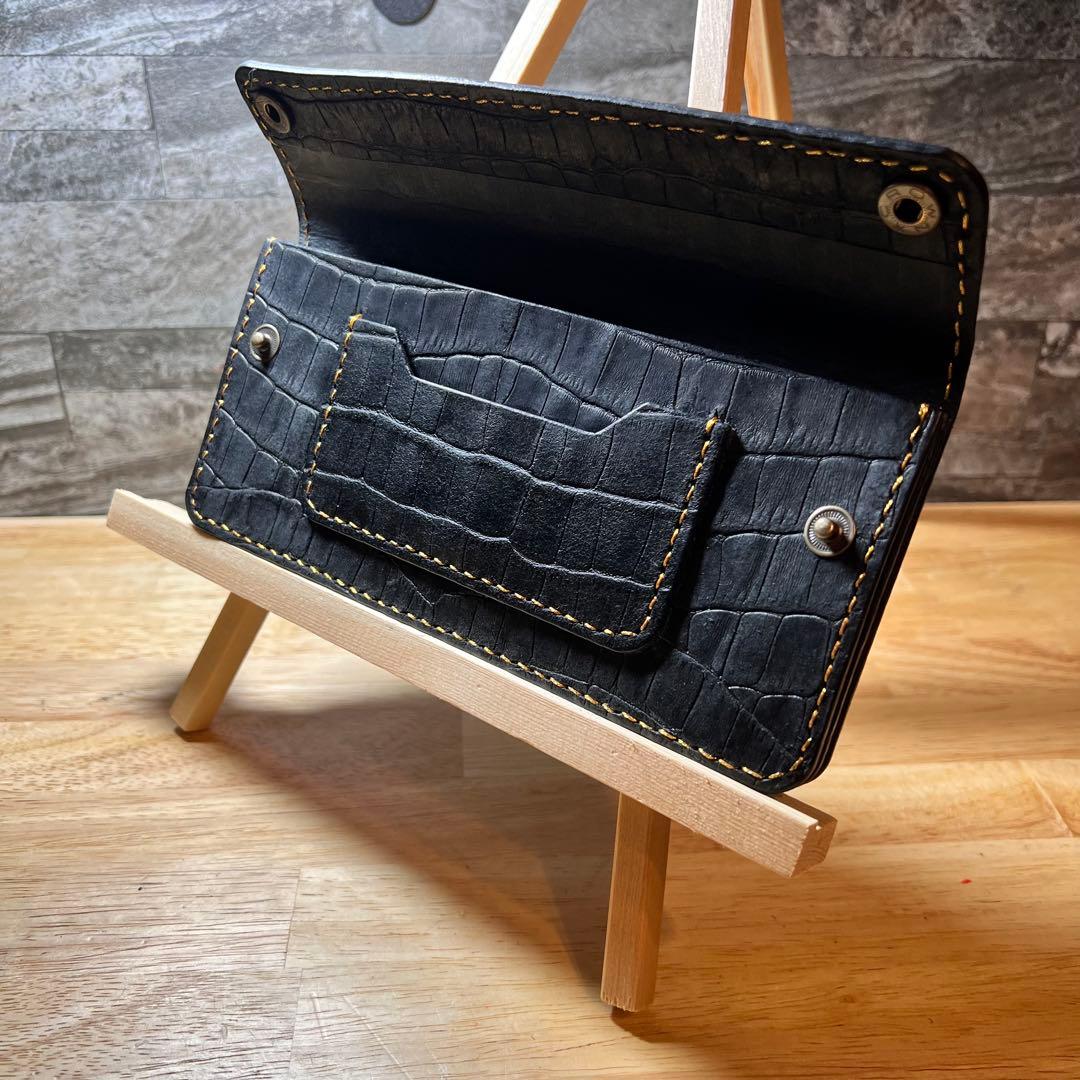 ロングトラッカー 財布 黒 国産ロロマ革 クロコ型押 手縫い　テンダーロイン　風