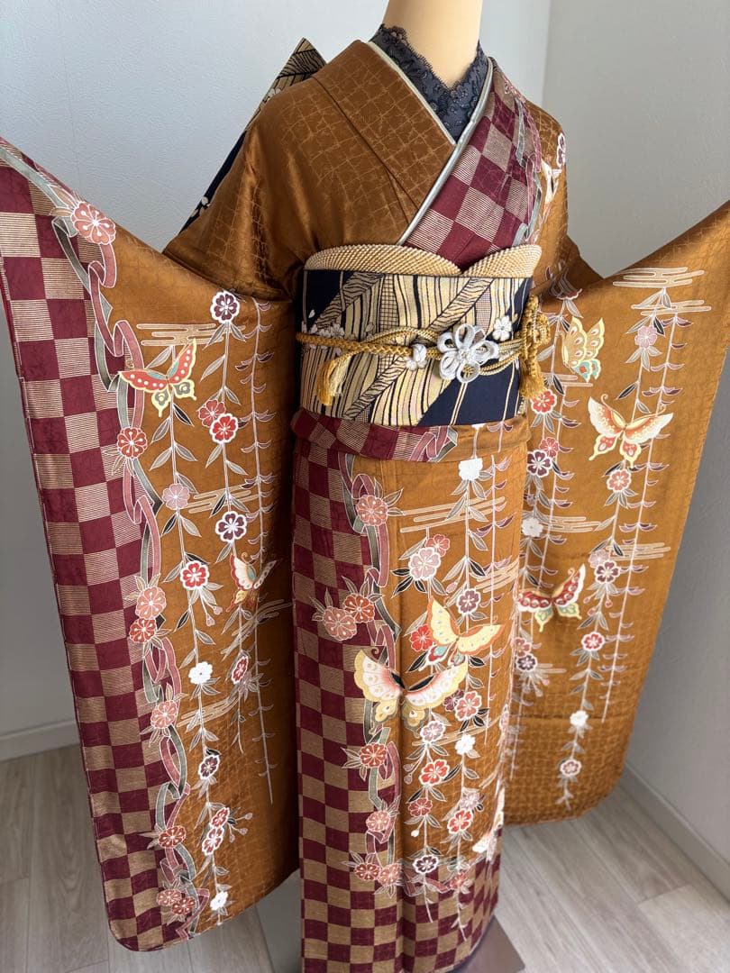 最終価格！⭐️振袖フルセット　正絹振袖　成人式　しつけ糸付き　茶系