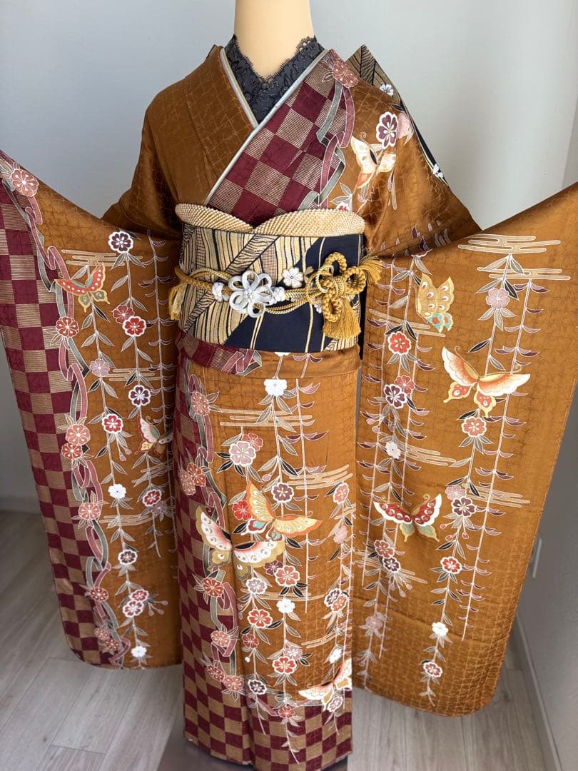 最終価格！⭐️振袖フルセット　正絹振袖　成人式　しつけ糸付き　茶系