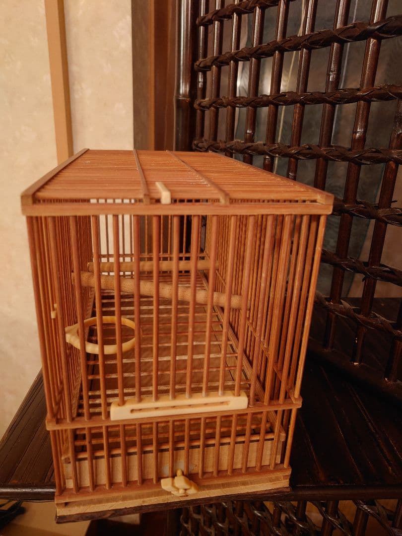 鳥かご メジロ籠　象牙調留具　竹　黒柿　二個セット