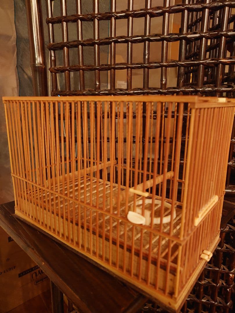 鳥かご メジロ籠　象牙調留具　竹　黒柿　二個セット