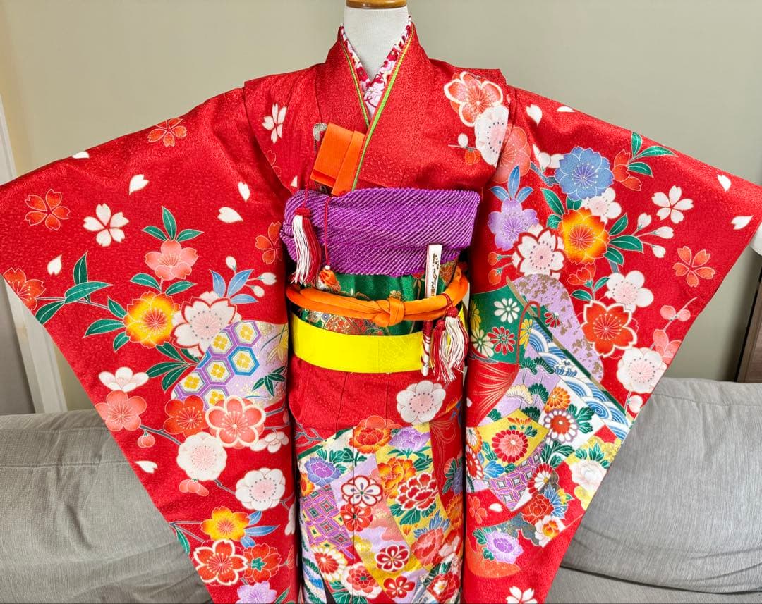 7歳七五三　フルセット　赤系着物　草履バッグ付き