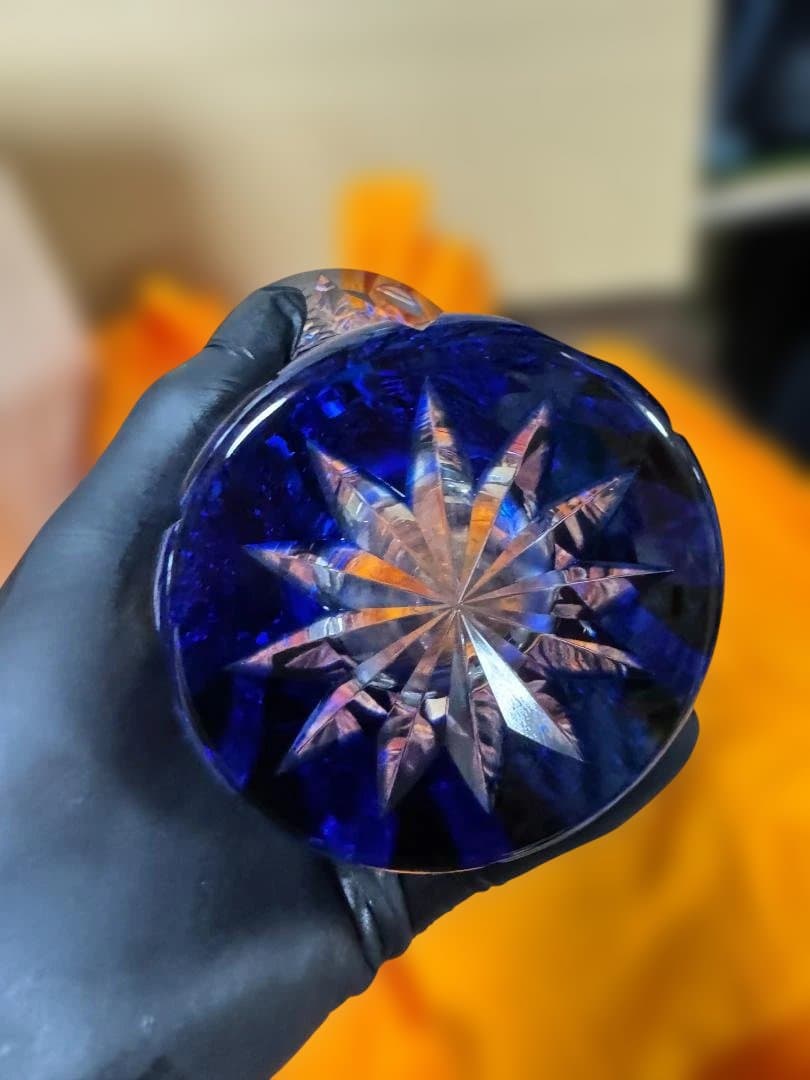 江戸切子　花瓶　青色カットガラス花器 木箱付き　新品未使用品