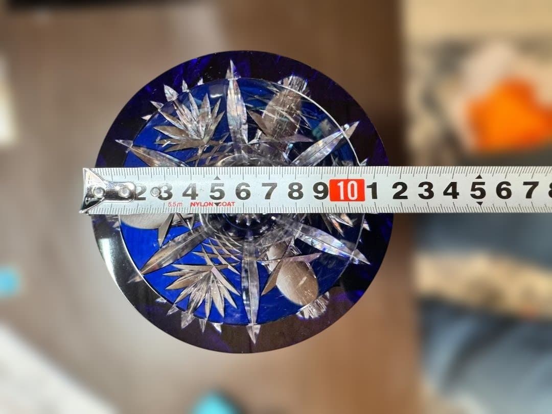 江戸切子　花瓶　青色カットガラス花器 木箱付き　新品未使用品