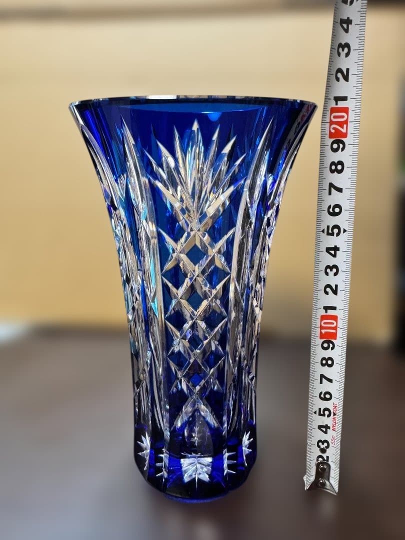 江戸切子　花瓶　青色カットガラス花器 木箱付き　新品未使用品