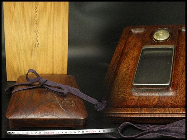 笹蒔絵 板文庫硯 共箱 未使用 文房四宝(A923)