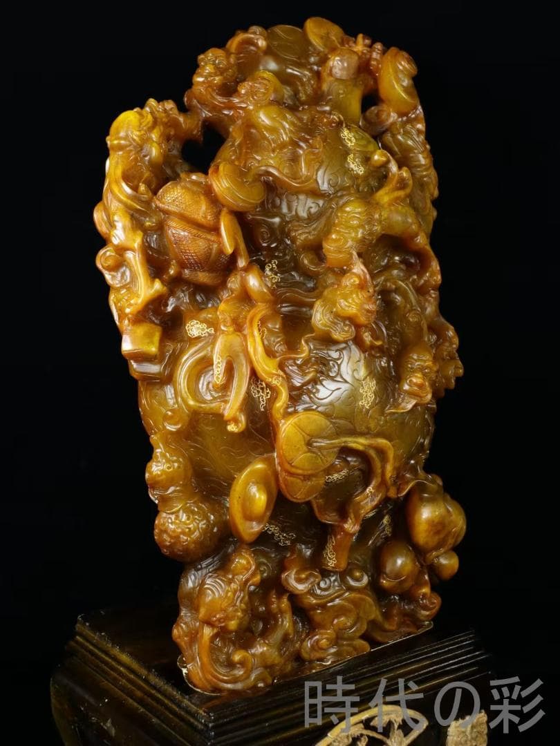 中国古美術【寿山田黄石 招財進宝】滄朋作款 旧蔵重器 11.61kg 鏤空 在銘