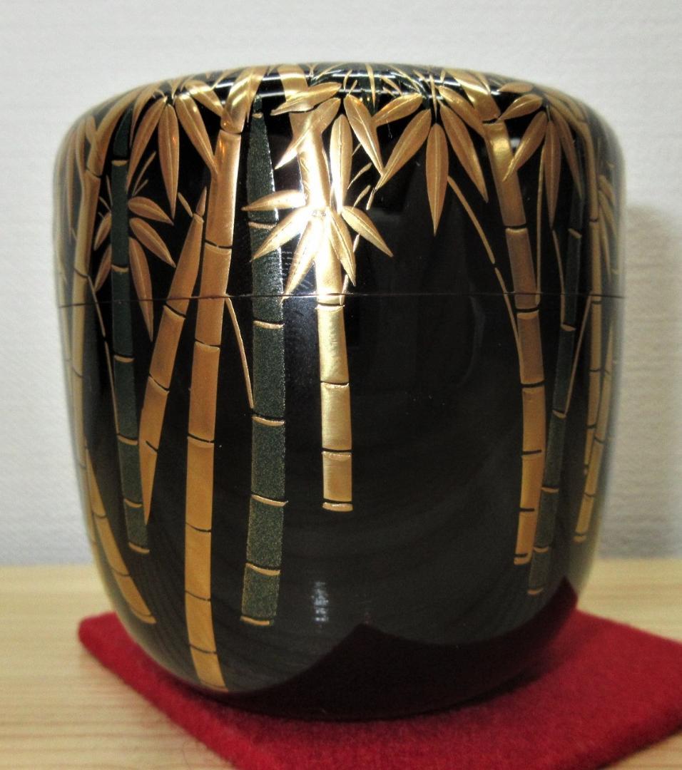 送料込【逢絢亭・新品】茶道具 大棗 山中塗 竹林蒔絵 内銀地 木製 呉藤穣太郎