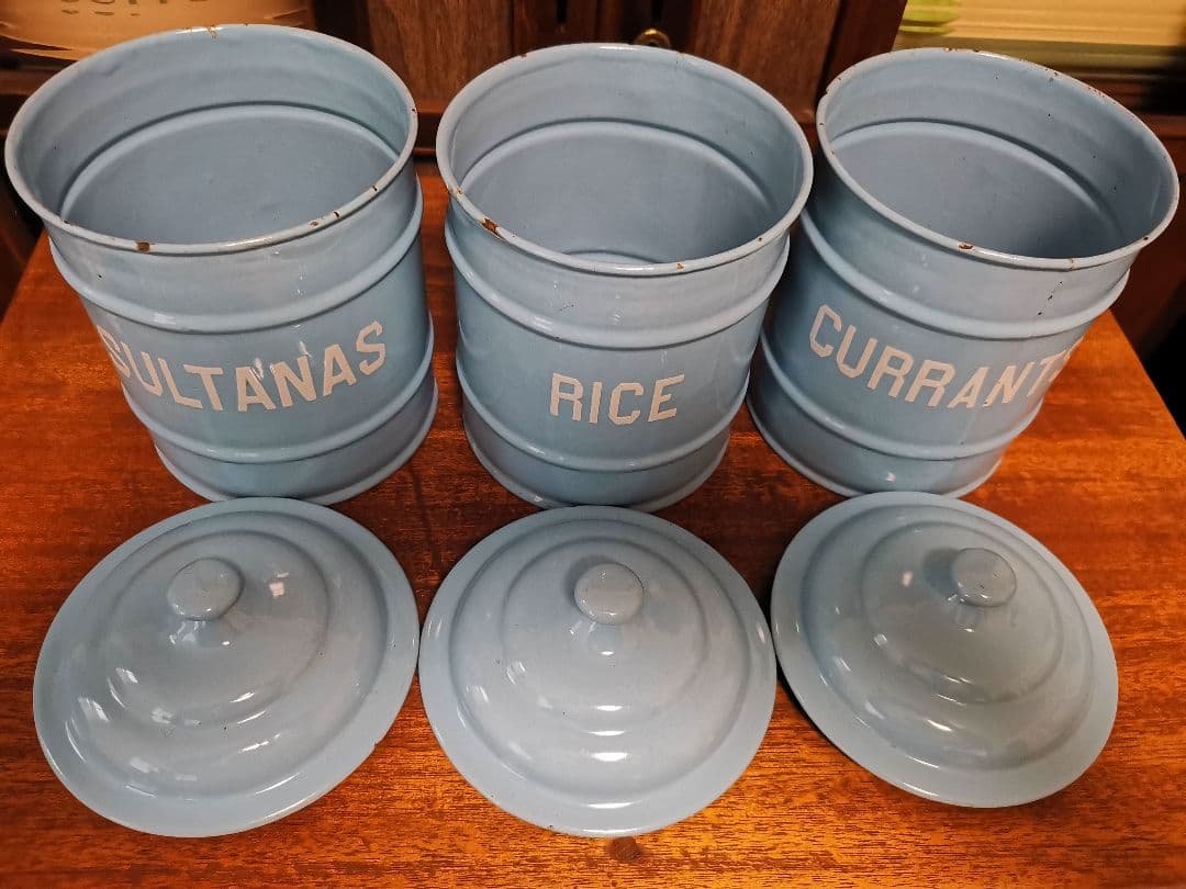 アンティークホーロー水色キャニスター3点セット美品