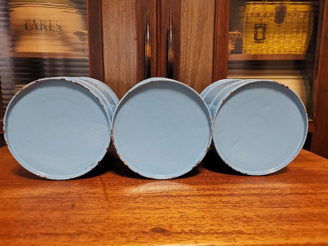 アンティークホーロー水色キャニスター3点セット美品