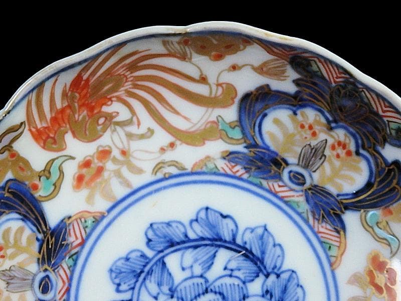 古伊万里　色絵　鳳凰に牡丹の図　４寸皿　５客　C381AS-CZc