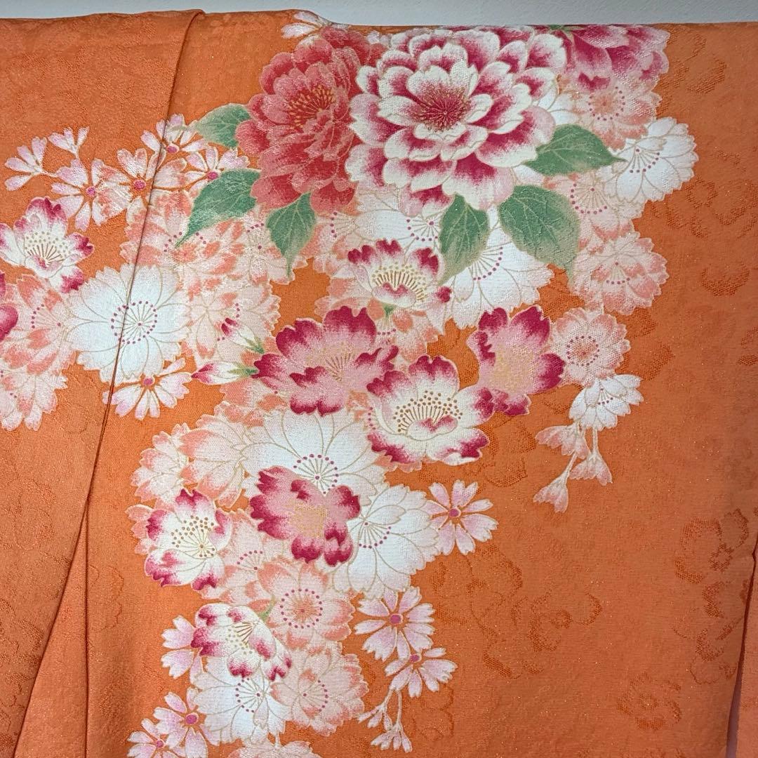超美品　正絹　現代振袖　成人式　着物　169㎝　オレンジ　黄　桜柄　金駒　刺繍
