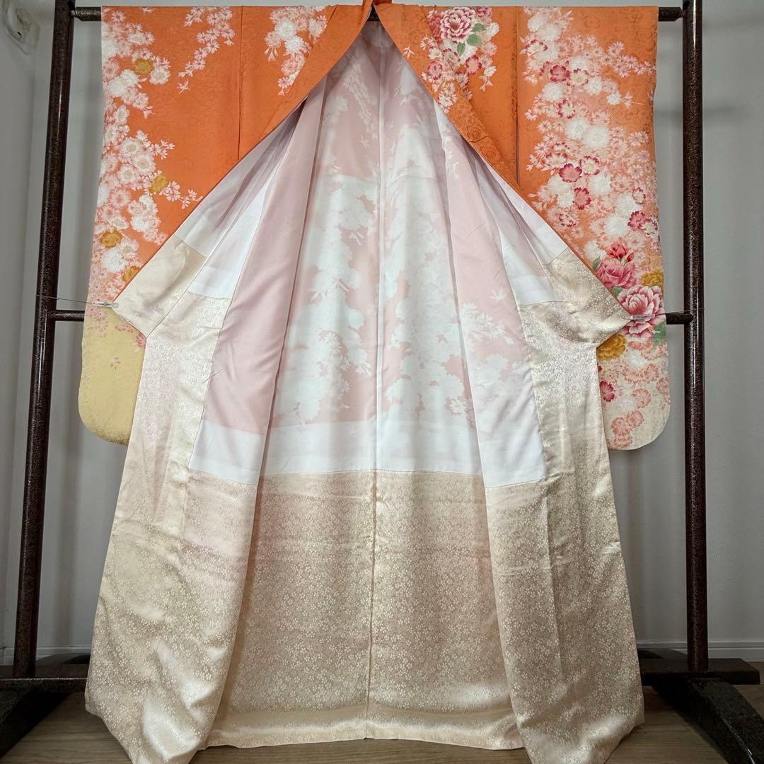 超美品　正絹　現代振袖　成人式　着物　169㎝　オレンジ　黄　桜柄　金駒　刺繍