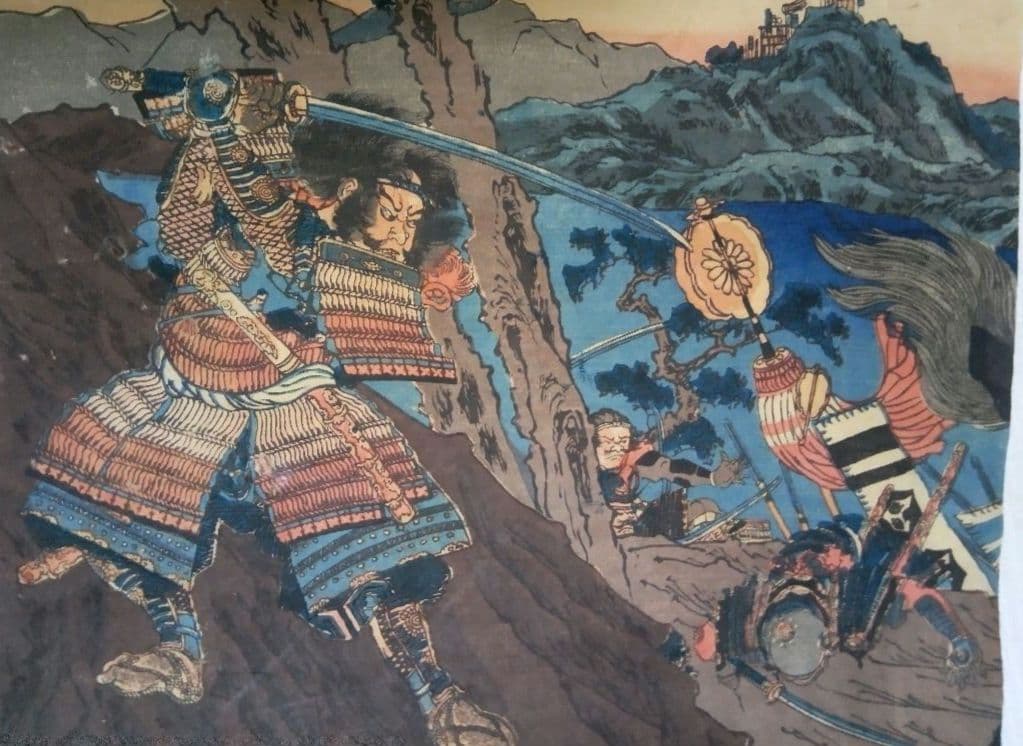 浮世絵、賤ケ峯合戦之圖三枚綴り、一勇斎国芳画(歌川国芳)補修多くジャンク品扱い