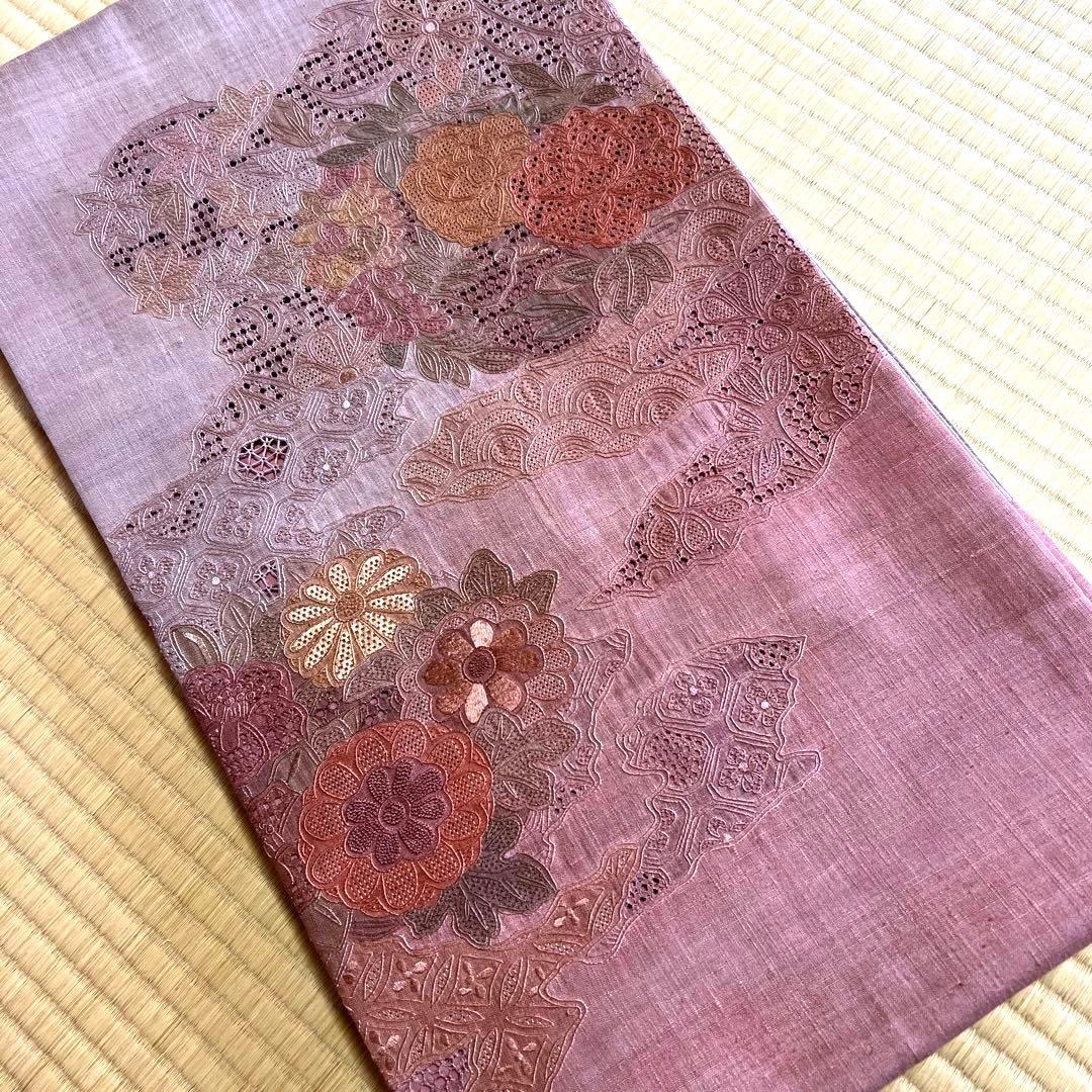 真綿紬　蘇州汕頭刺繍　超豪華　袋帯