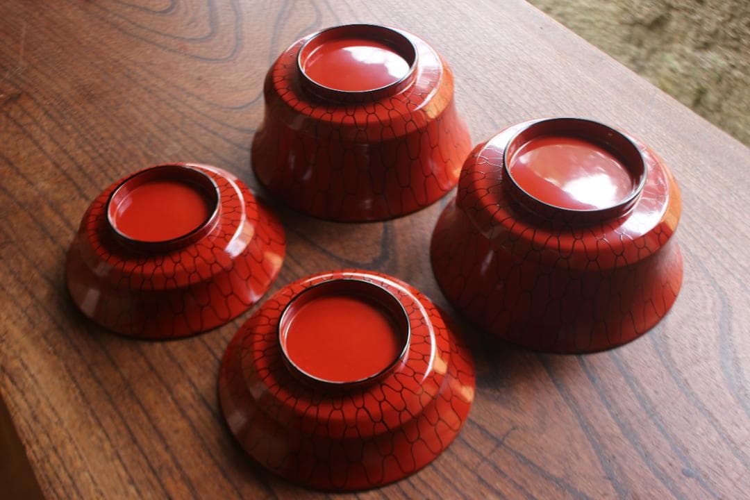 デッドストック！極上朱漆に風情ある網目文の美しい煮物椀2点（検輪島塗懐石道具