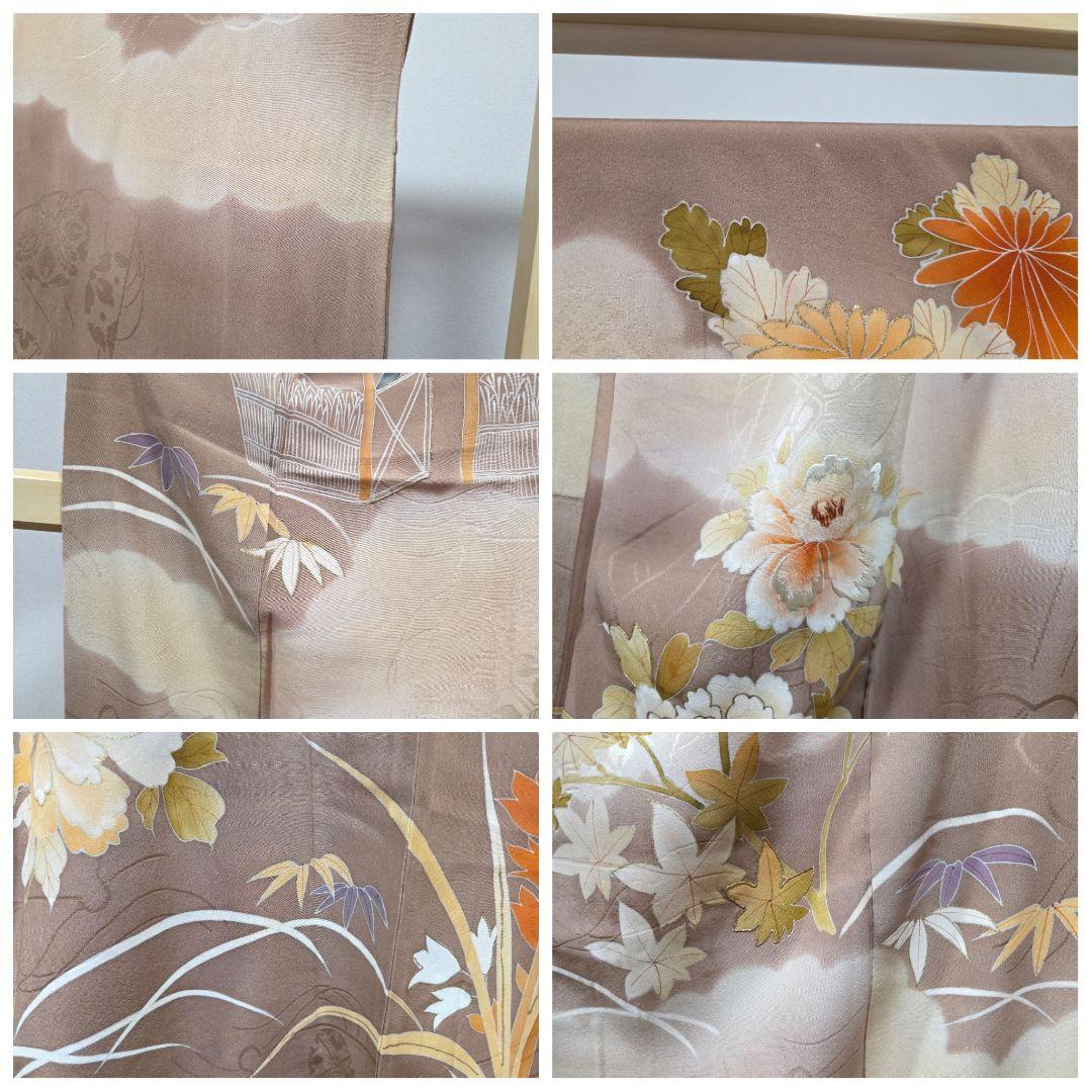 A アンティーク 雲に季節の花々 金彩 刺繍 袷 正絹 訪問着 着物 23