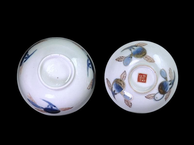 古伊万里　染錦　茄子の図　蓋茶碗　AS-DCa