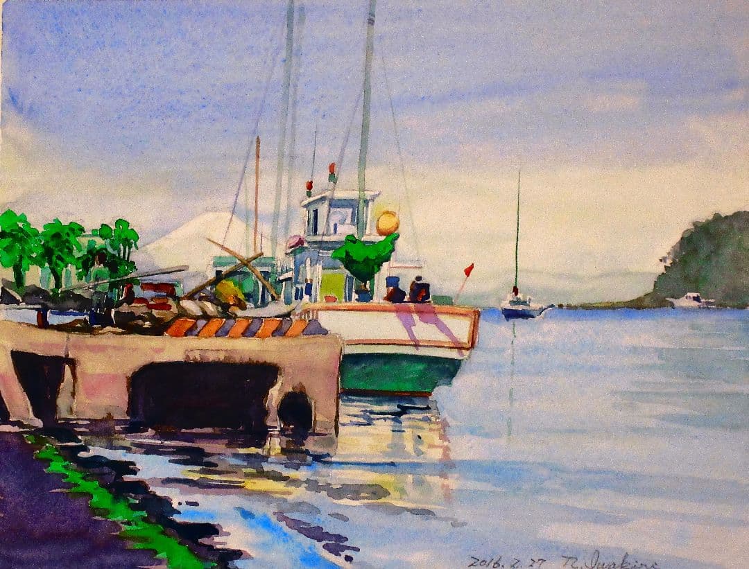 水彩画 諸磯湾からの眺め額縁付き