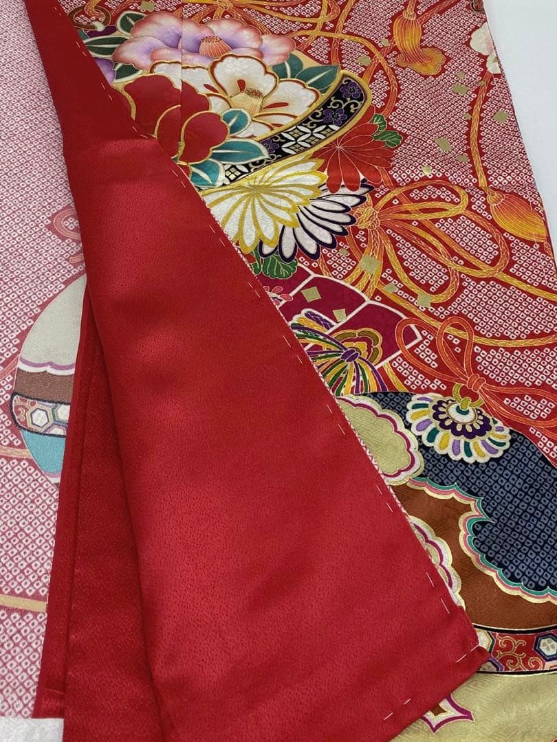 振袖 仮絵羽 京友禅 刺繍 金駒 金彩 紋意匠 椿 正絹 未仕立て品 八掛付き