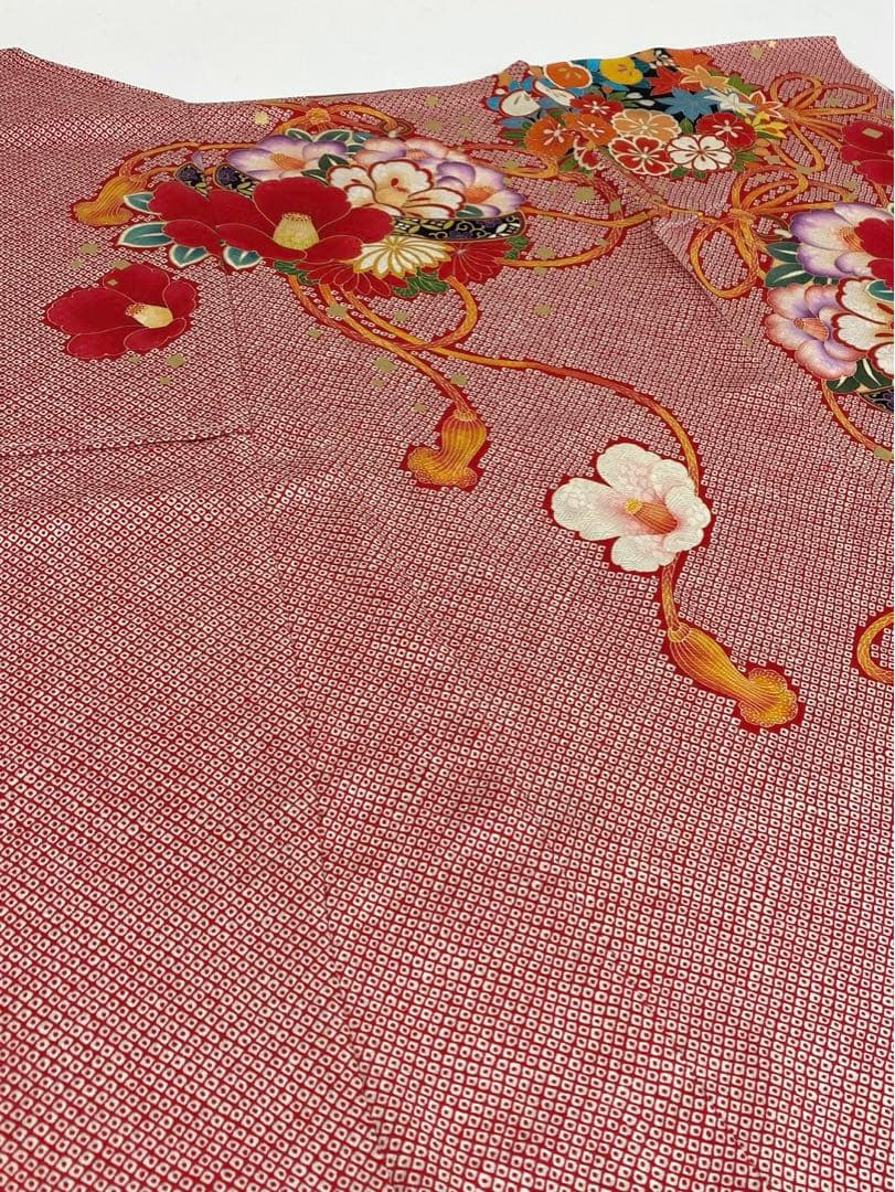 振袖 仮絵羽 京友禅 刺繍 金駒 金彩 紋意匠 椿 正絹 未仕立て品 八掛付き