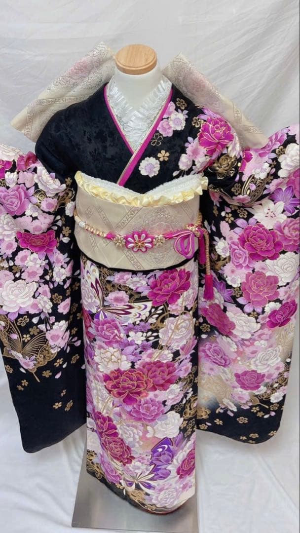 黒地 バラ柄　振袖 成人式　振袖7点セット　振袖フルセット　成人式