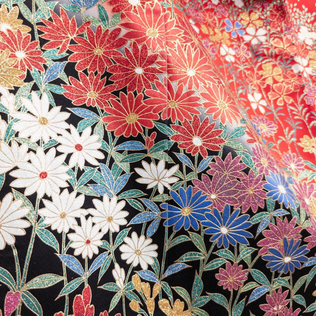 R7SK1289 引き振袖 大振袖 赤 ゴールド 豪華 ラメ 花 シルク 着物