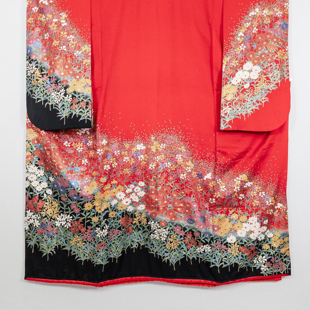R7SK1289 引き振袖 大振袖 赤 ゴールド 豪華 ラメ 花 シルク 着物