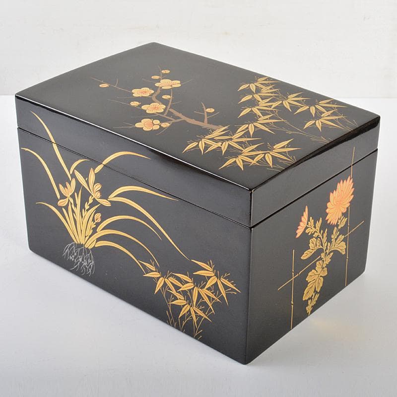 茶道具　黒漆　四君子蒔絵　茶箱　茶碗　茶入など　四点一式　仕覆付　V　R7344