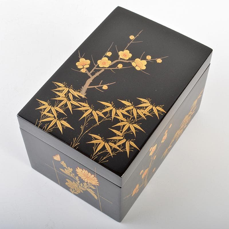 茶道具　黒漆　四君子蒔絵　茶箱　茶碗　茶入など　四点一式　仕覆付　V　R7344