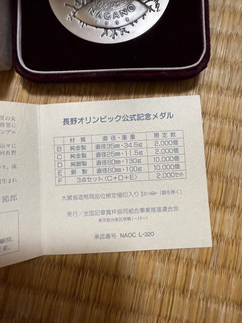 長野オリンピック公式記念メダル 1998年 銀製